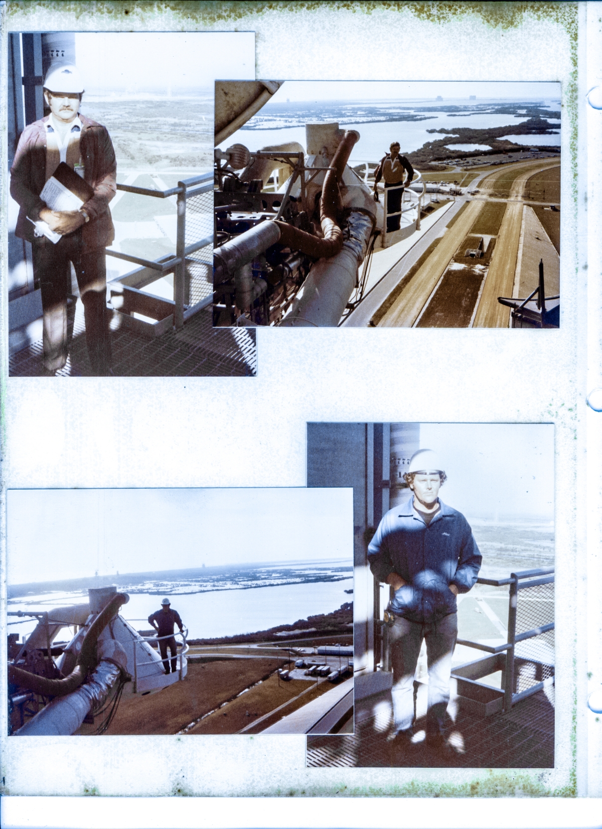 Steely-eyed missilemen. Jack Petty (top) and James MacLaren (bottom) pay a visit to Space Shuttle Launch Complex 39-A at Kennedy Space Center, Florida, as part of their ongoing tasks associated with troubleshooting problems with the construction of Pad B. As a lark, with a few minutes of free time on their hands, they pose on the Fixed Service Structure of Pad A with Pad B dimly visible in the far distant background, and then again, on the Gaseous Oxygen Vent Hood, with the structures of the Titan III Integrate Transfer Launch area in the far distant background, on the Air Force side, at Cape Canaveral Air Force Station.